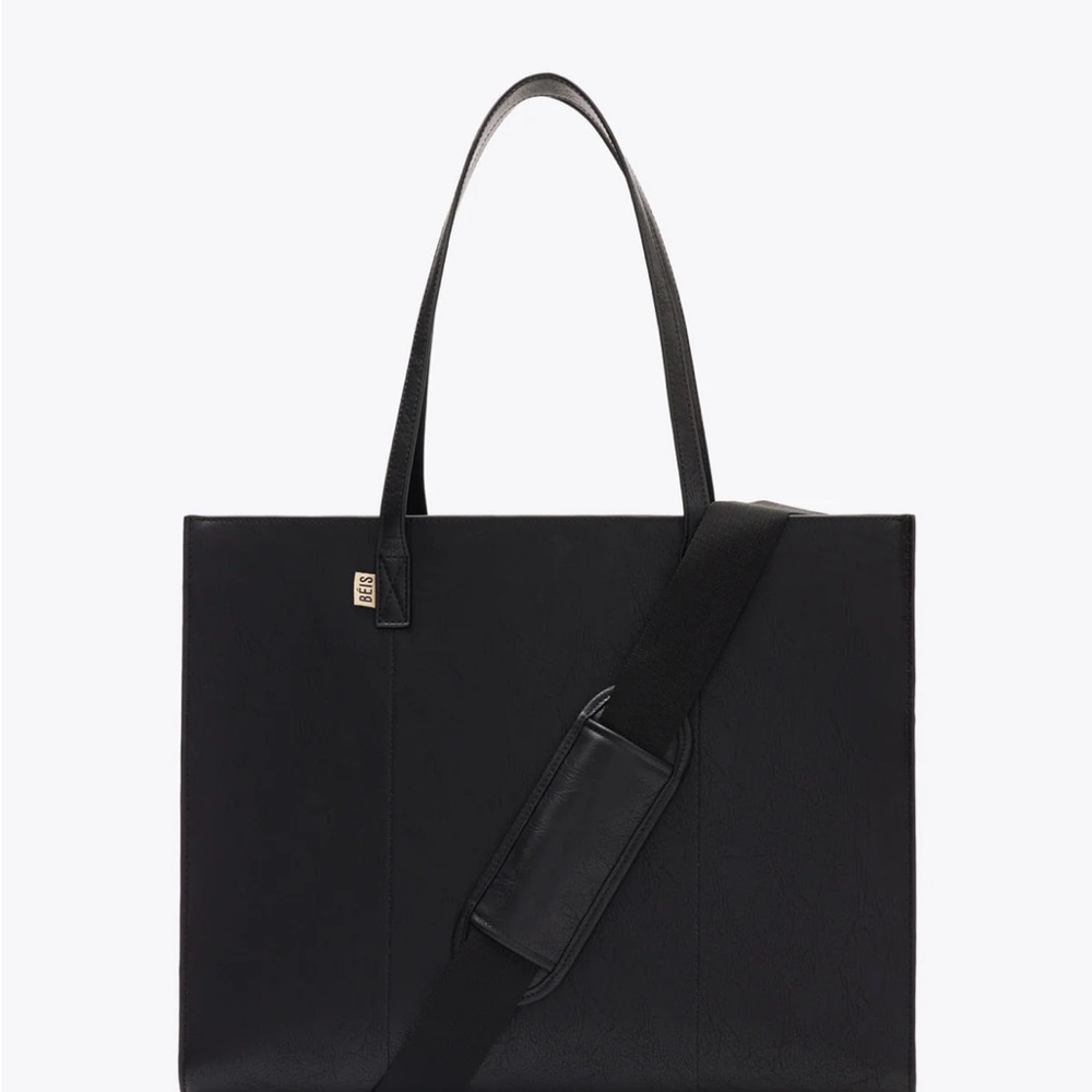 BEIS Black Leather Tote with Detachable Strap